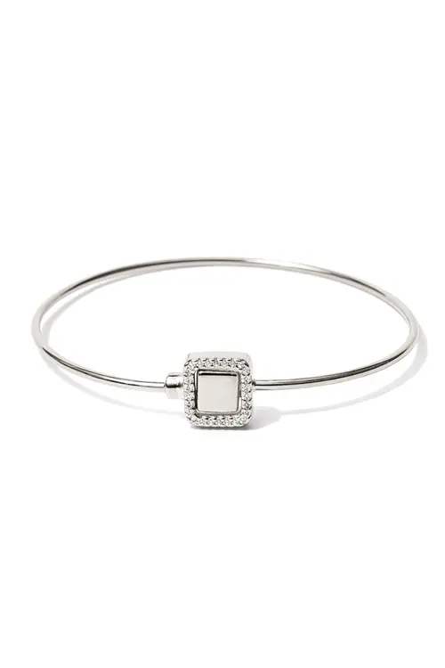 Bracelete Encaixe Quadrado Cravejado com Banho em Ródio Branco