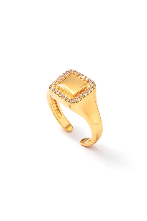Anel de Dedinho Quadrado Cravejado com Banho em Ouro 18k