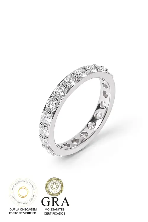 Anel Aliança Moissanite 3mm em Prata 925 com Banho em Ródio Branco