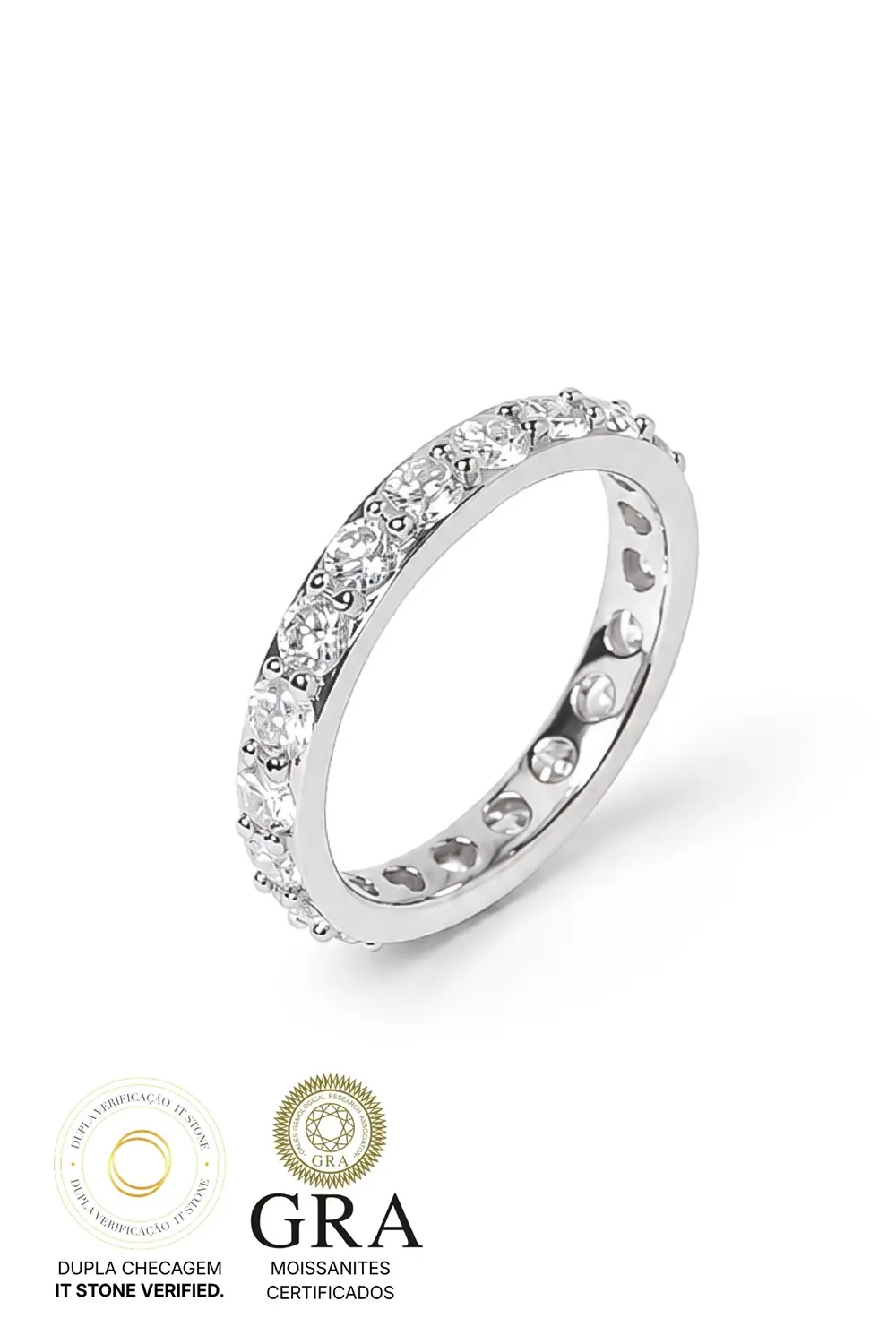 Anel Aliança Moissanite 3mm em Prata 925 com Banho em Ródio Branco